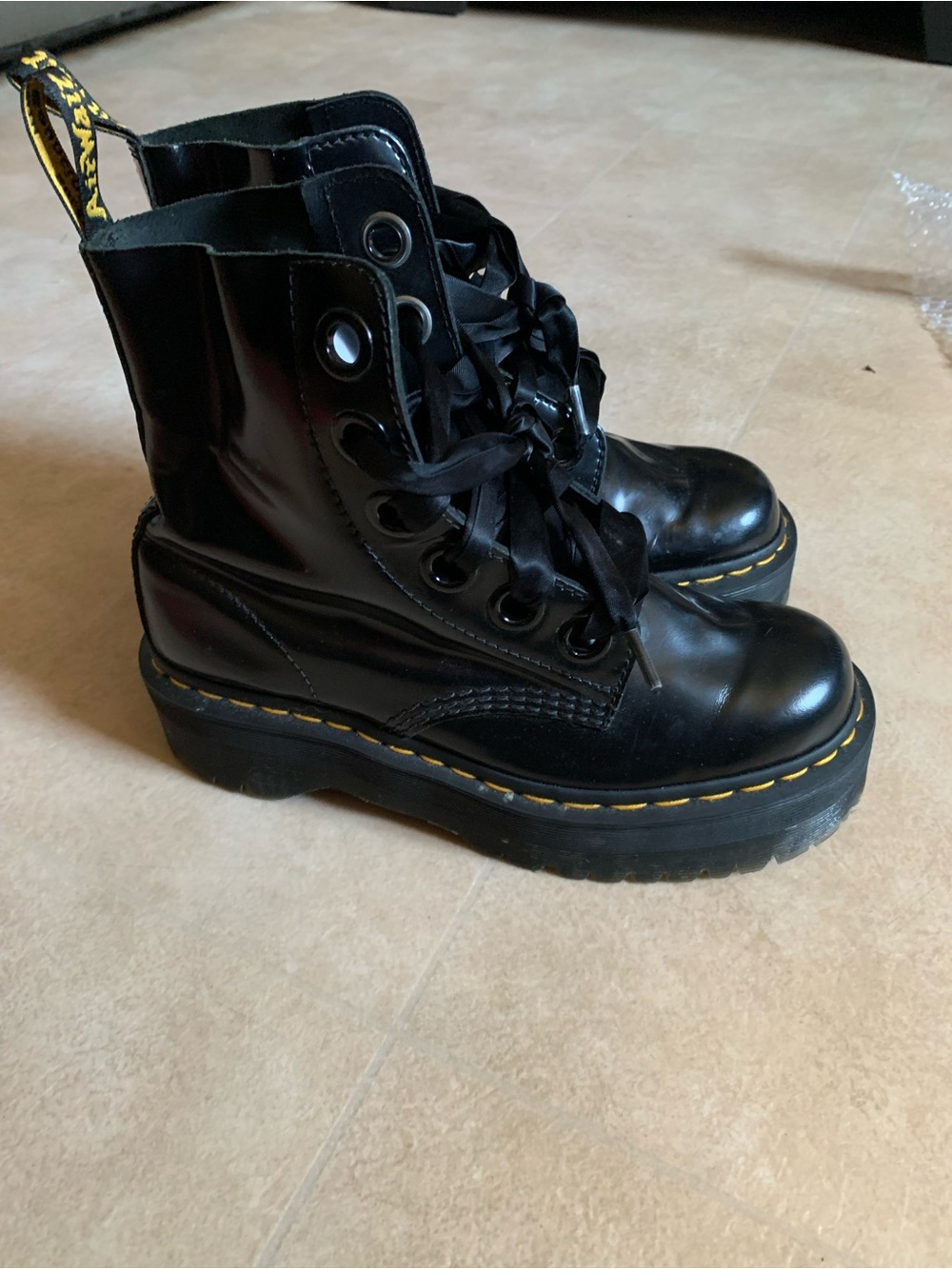 Dr. Martens Black Lace-Up Platform Combat Boots with Yellow Stitching